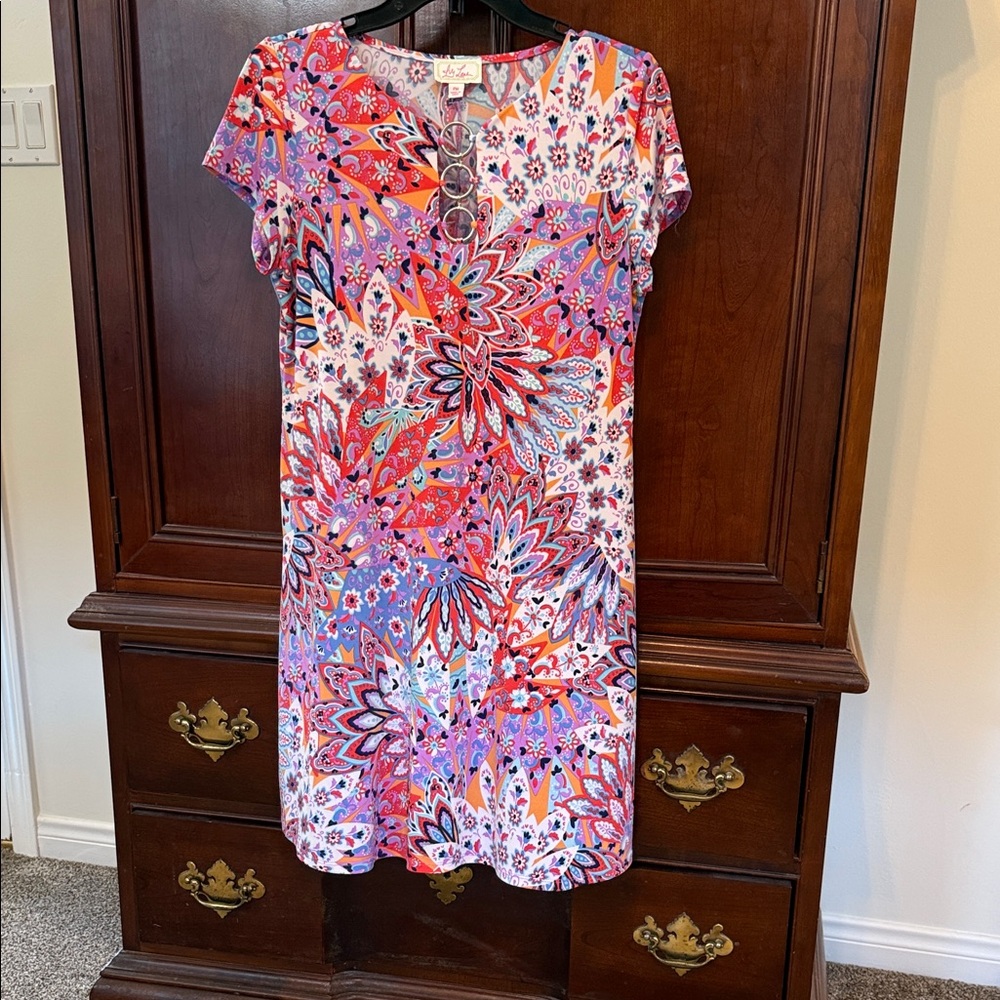 Ivy Lane Dress Medium Petite Bright Pink Orange Metallic Detail Short Sleeve
